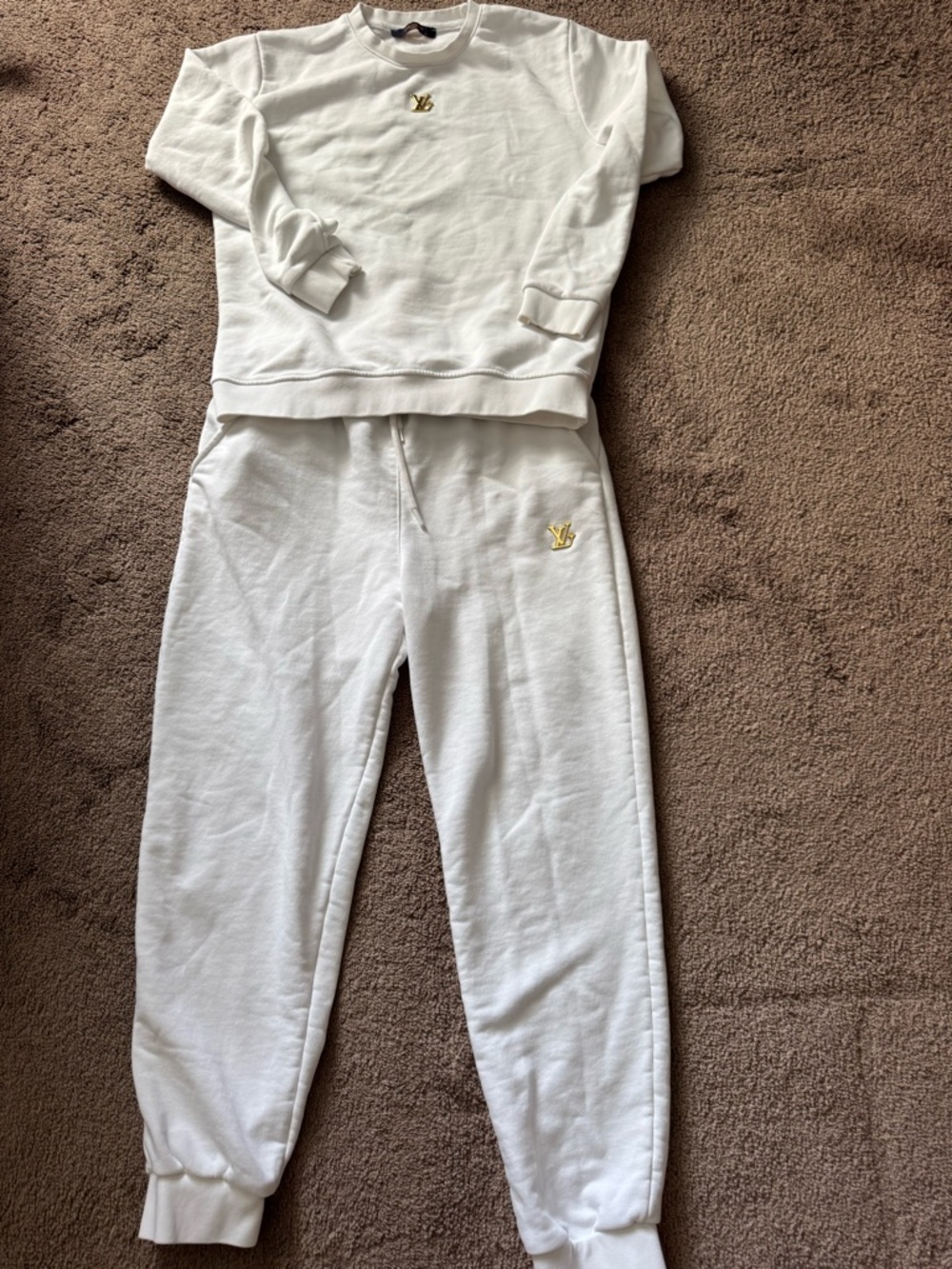 White LV Sweatshirt & Jogger Set with Gold LV Logo